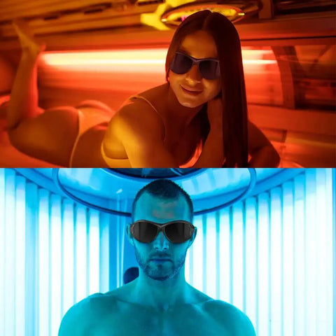 Two people wearing Red Light Therapy Glasses Eye Protection 200 To 2000nm For Tanning IPL Safety in a tanning bed