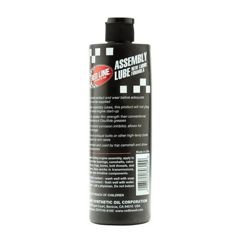 Liquid Synthetic Assembly Lube 12 Ounce From Red Line bottle view with label for engine builds, prevents metal contact, 3x film strength.
