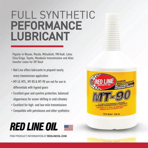 Red Line MT 90 75W 90 GL 4 Manual Transmission And Transaxle Lubricant MTL bottle with performance lubricant text