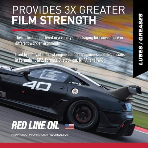 Race car with 'Red Line Oil' branding showcasing Liquid Synthetic Assembly Lube 12 Ounce from Red Line for engine builds.