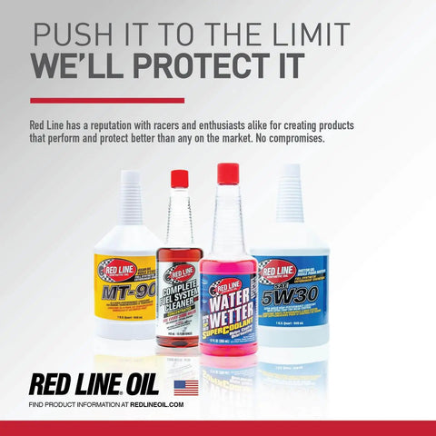 Red Line CV-2 Synthetic Grease Cartridge, MT-90, Water Wetter, and 5W30 bottles displayed with product slogan and branding.