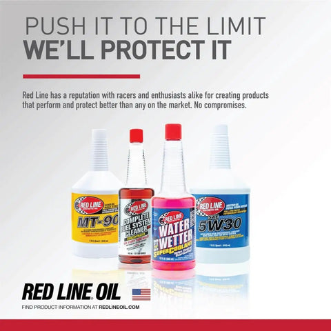 Red Line Oil products MT-90, Complete Fuel System Cleaner, Water Wetter, 5W30 motor oil bottles on display
