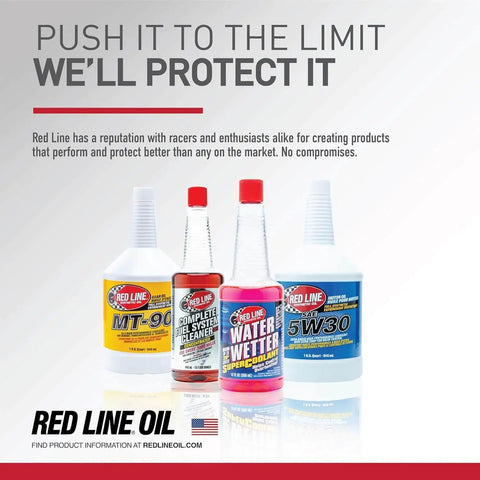 Group of Red Line Oil products including MT-90 gear oil, Complete Fuel System Cleaner, Water Wetter, and 5W30 motor oil bottles
