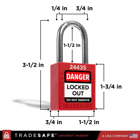 Lockout Tagout Locks Set 10 Locks Keyed Different 1 Key Per Lock OSHA Compliant Safety Padlocks For Electrical Lockout - Red padlock with dimensions