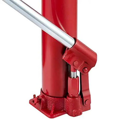 Close-up of Heavy Duty 4 Ton Long Ram Hydraulic Jack With 8818 Lb Capacity For Engine Hoist And Garage Lifts, red finish, flat base.