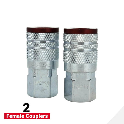 Close-up of ColorFit M-Style Coupler And Plug Kit Red 1/4 Inch NPT, 14-Piece Set showing two female couplers in scratch-resistant steel.