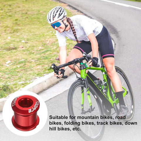 Cyclist on road bike with red 5pcs Double Chain Ring Bolts M8 Aluminum Alloy Bicycle Crankset Nuts Chainwheel Screws for Road Bike Mountain Bike