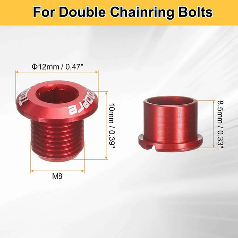 Red M8 aluminum bicycle chainring bolts with dimensions, shown separately against a white background, for road and mountain bikes.
