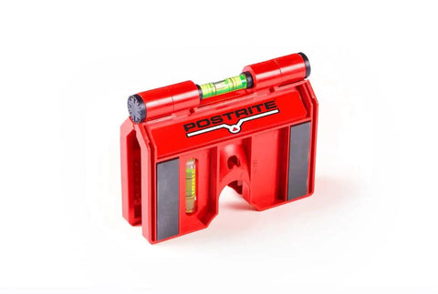 Effortlessly align posts and pipes with the 340 Postrite adjustable folding post level, showing red magnetic body and three vials