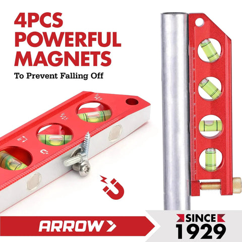 Compact 6.3 inch magnetic torpedo level with top view windows, aluminum frame, dual scales, magnets holding it on a metal pipe.