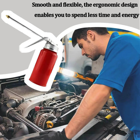 Mechanic using Metal Car Oil Can Pump Oiler With Precision Nozzle Manual Refueling Dispenser for motor oil on engine