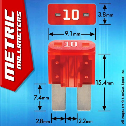 10A micro2 fuse from 50 Piece All In One Grab-and-Go Automotive Fuse Kit With Micro 2 Blade Fuses And Fuse Puller, Glove Box Set. Measurements shown.