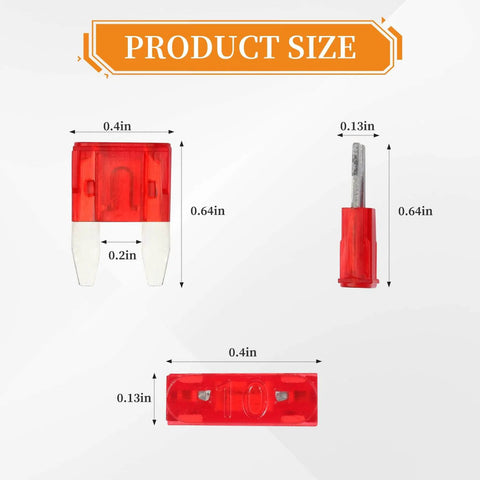 120 Piece Mini Fuse Kit for Cars and More Auto Fuse Set with dimensions, showing front and side views of a red 10A fuse