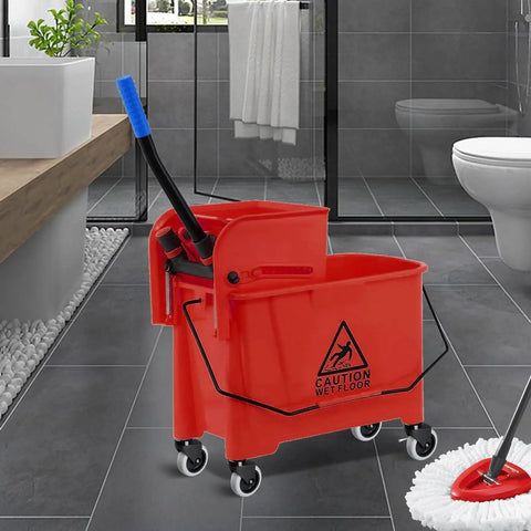 3 Inch Mop Bucket Wheel Replacement Set Of 4 Non Marking TPR Castors For Rubbermaid Models 7570 L2 7571 7580 7581 7582 7583 WaveBrake Compatible Plug And Play Design Durable Non Marking TPR Wheels For Quiet Operation And Easy Replacement on a red mop bucket.
