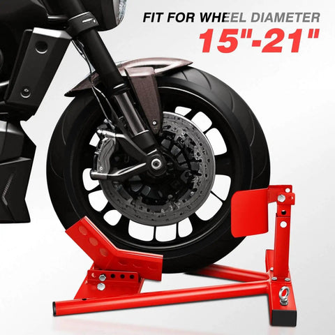 Heavy Duty Motorcycle Wheel Chock And Adjustable Front Wheel Stand For 15 To 22 Inch Wheels Ideal For Trailers Shops And Garages Supports Up To 4000 Lbs Red Finish Built Tough By DNA Motoring
