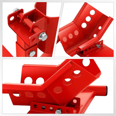 Close-up view of Heavy Duty Motorcycle Wheel Chock And Adjustable Front Wheel Stand For 15 To 22 Inch Wheels Ideal For Trailers Shops And Garages Supports Up To 4000 Lbs Red Finish Built Tough By DNA Motoring showing red metal structure and bolt details.