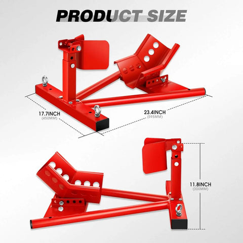 Heavy Duty Motorcycle Wheel Chock And Adjustable Front Wheel Stand For 15 To 22 Inch Wheels Ideal For Trailers Shops And Garages Supports Up To 4000 Lbs Red Finish Built Tough By DNA Motoring with dimensions shown.