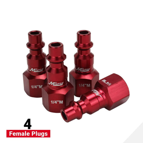 Close-up of four red steel female plugs from ColorFit M-Style Coupler And Plug Kit Red 1/4 Inch NPT, 14-Piece Set.