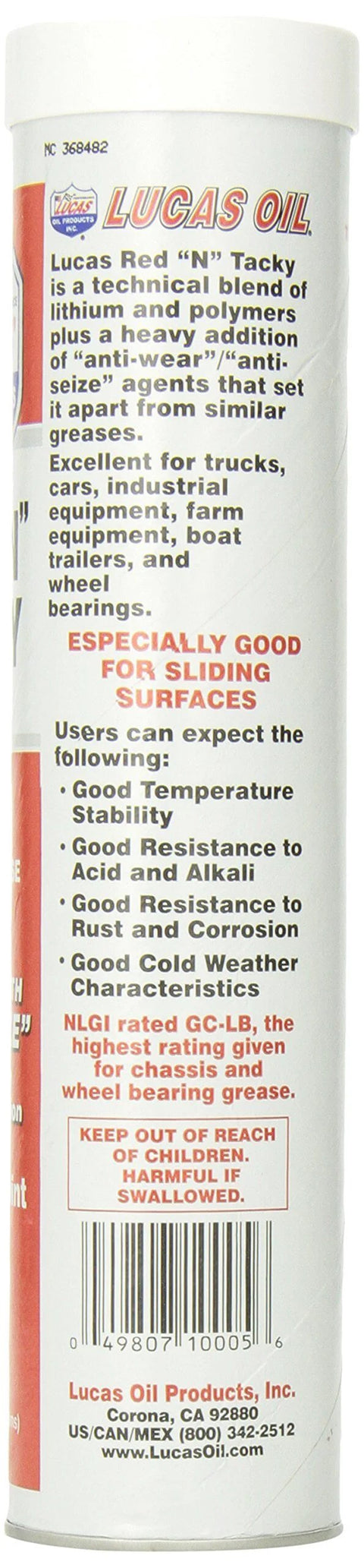 Lucas Oil 10005 Red 'N' Tacky Grease - 14 Ounce tube showing product details and instructions on the side label.