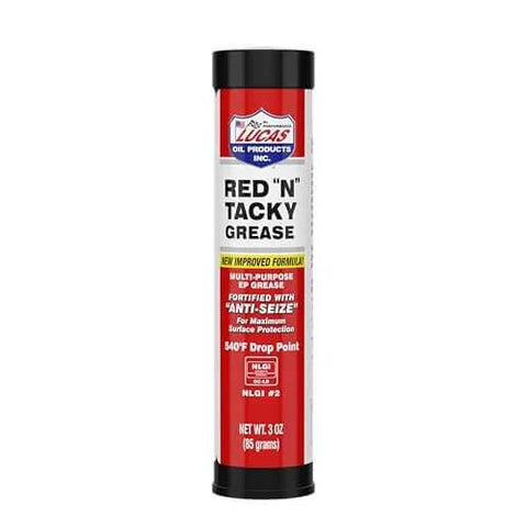 Front view of Lucas Oil 10318 Red N Tacky Grease 3 Ounce Combo Pack, red tube with product label and specifications visible.