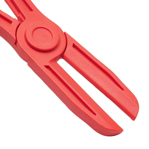 Close-up of red nylon pliers from Three Pack Hose Pinch Off Pliers In Red Nylon For Automotive Fuel Line Clamps And Brake Radiator And Coolant Hoses Heat Resistant And Nonconductive Clamp Tool Set For Safe Fluid Line Maintenance