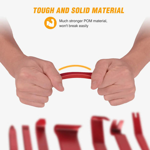 Hands bending a tool from the 8 Piece Auto Trim Removal Tool Kit For Car Interior Dash Panels Window Molding And Fasteners Nylon Durable Impact Resistant Includes 7 Panel Tools And 1 Fastener Remover Red.