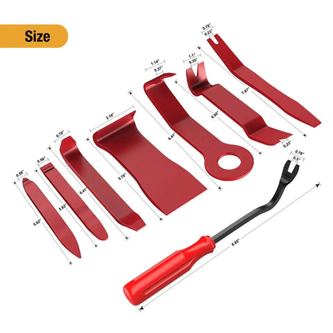 8 Piece Auto Trim Removal Tool Kit For Car Interior Dash Panels Window Molding And Fasteners Nylon Durable Impact Resistant Includes 7 Panel Tools And 1 Fastener Remover Red shown with dimensions