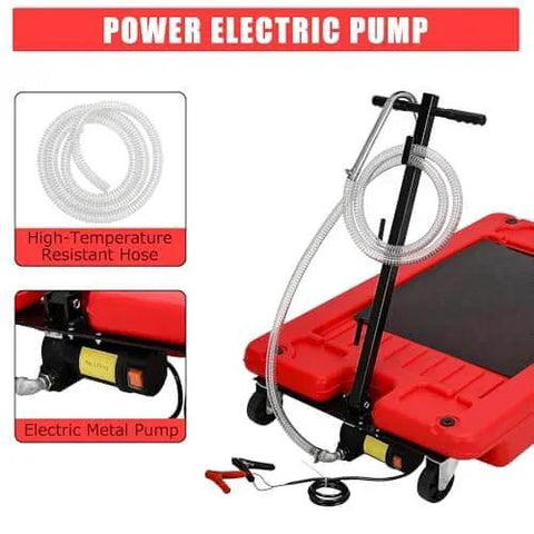 18 Gallon Low Profile Oil Drain Pan With Electric Pump Kit showing red pan, electric pump, 8-foot hose, and quick drain valve