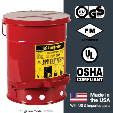 6 Gallon Galvanized Steel Oily Waste Can With Foot Pedal Self Closing Lid For Oil Rag Disposal OSHA Compliant Made In USA Red