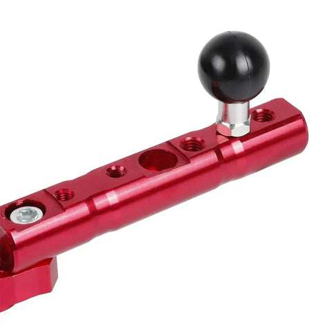 One Inch Ball Adapter with M6 x 1.0mm Threaded Post for RAM Mounts, red aluminum base showing ball head and screw holes close-up