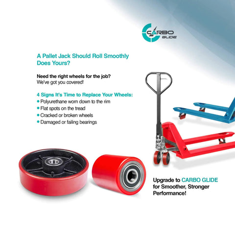 Pallet jack truck with red polyurethane wheel set, steering wheels 7x2 inches, front load rollers, axles, and protective caps.