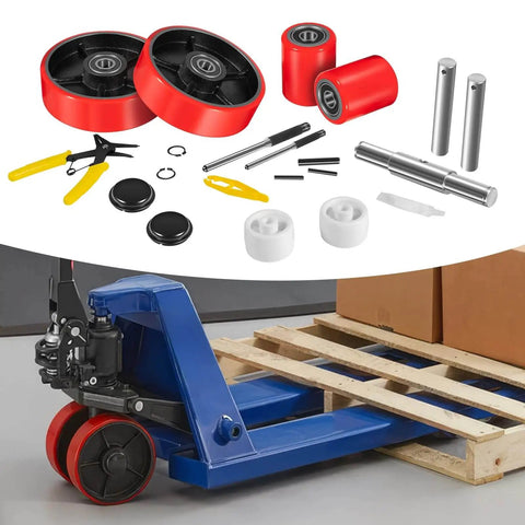 All In One Pallet Jack Wheels Kit For Most Hand Pallet Jacks, Includes 7x2 Steering Wheels, 3x3.75 Load Wheels, Red Polyurethane Replacement