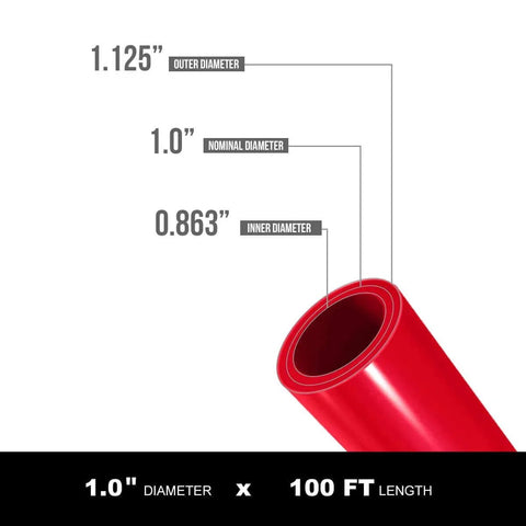 Pex A Tubing 1 Inch 100 Ft Coil Red Non Barrier Flexible PEX Pipe showing dimensions for potable water installation
