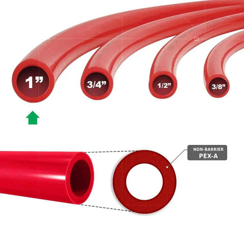 Pex A Tubing 1 Inch 100 Ft Coil Red Non Barrier Flexible PEX Pipe for potable water with various diameter sizes shown