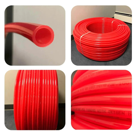 Pex A Tubing 1 Inch 100 Ft Coil Red Non Barrier Flexible PEX Pipe for Potable Water shown in coil and close-up views