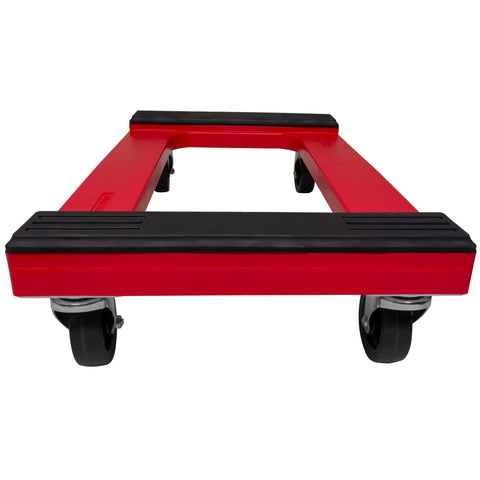 Front view of a red plastic 4-wheel furniture dolly with steel-reinforced frame and 4-inch swivel casters, 1200 lbs capacity, 18x30 inch, 1-pack.