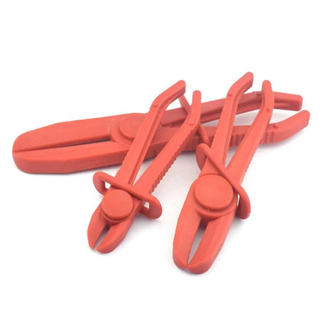 Three Pack Plastic Hose Pinch Off Pliers Set For Automotive Hoses And Fuel Lines Red Plastic Line Clamp Pliers shown in different sizes.
