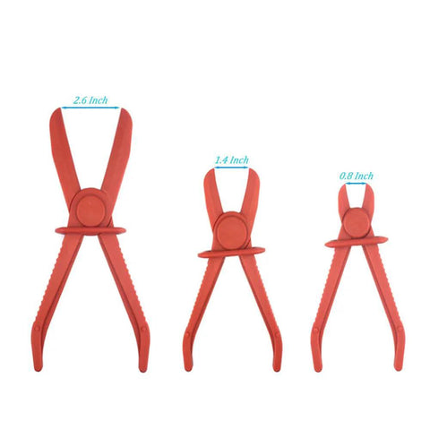 Three Pack Plastic Hose Pinch Off Pliers Set For Automotive Hoses And Fuel Lines Red Plastic Line Clamp Pliers Ideal For Radiator Brake Coolant Gas Lines And General Vehicle Maintenance showing different sizes.