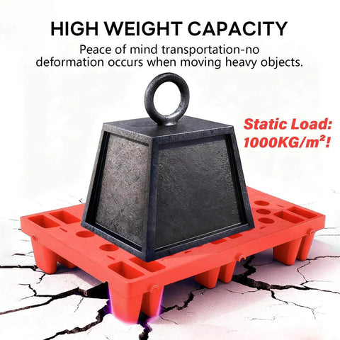 Red 6 Pack Plastic Pallets Lightweight Nestable Polyethylene Floor Pallets With Moisture Proof Mesh Surface For Air Circulation Spliceable Design Ideal For Basement Garage Kitchen Storage And Organization 19.7 By 11.8 By 3.9 Inches supporting a heavy weight on cracked surface.