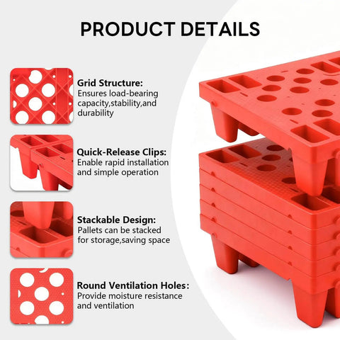 Red 6 Pack Plastic Pallets Lightweight Nestable Polyethylene Floor Pallets With Moisture Proof Mesh Surface stacked