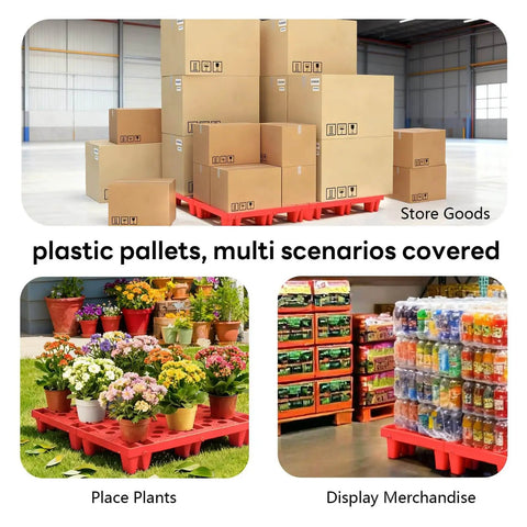 Red 6 Pack Plastic Pallets Lightweight Nestable Polyethylene Floor Pallets carrying boxes, plants, and beverages in different settings.