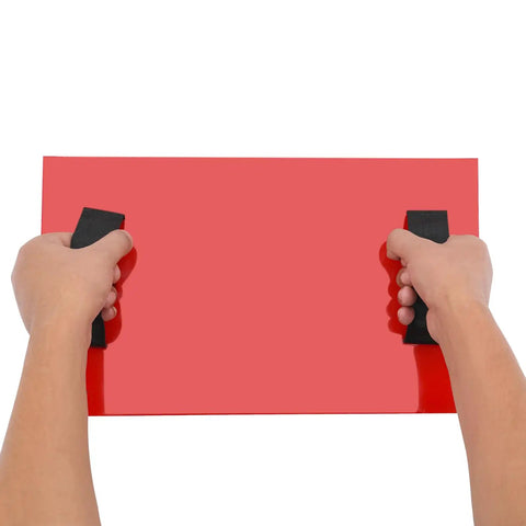 Hands holding Heavy Duty Concrete Mold 434x252mm Reusable Plastic Formwork for Pavers and Slabs, shown in vibrant red color.