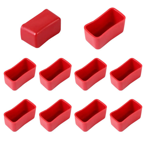 10 Pack Red Plastic Strut Channel Caps For 13/16 And 7/8 Tall Strut Channel Ends, made of soft PVC, showing all caps face up and one face down.