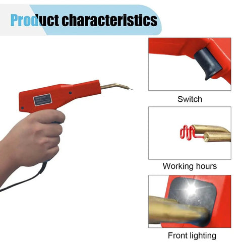 All In One Hot Stapler Plastic Welder Kit With Four Types Of Staples 1000 Pieces Soldering Gun And Carry Case For Bumper Repair And Diy Plastic Welding Home Auto Projects Red showing a hand holding the welder gun with detailed views of the switch and staple attachment and front lighting.