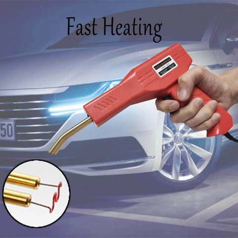 110V Plastic Welding Machine 50W Auto Bumper Repair Kit, portable welder in hand, car background, close-up of staples