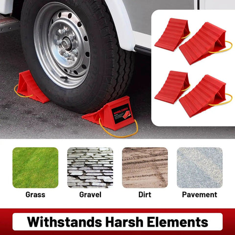 Heavy Duty Wheel Chocks For Travel Trailers, HOXWELL Two Pair Non Slip Red Blocks With Rope securing a tire, durable design.