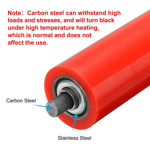 Close-up of polyurethane coated conveyor roller showing carbon and stainless steel parts, 2" diameter, 24" length, red.