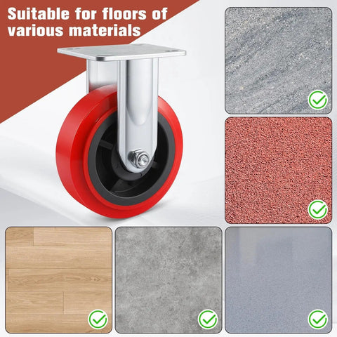 6 Inch Industrial Heavy Duty Caster Wheel with red polyurethane surface, versatile on wood, carpet, tile shown with different floor types.