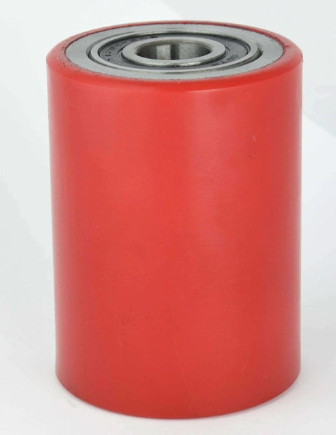 Pallet jack load wheels set 3 x 3.75 inch red polyurethane on steel with bearings, heavy duty replacement.