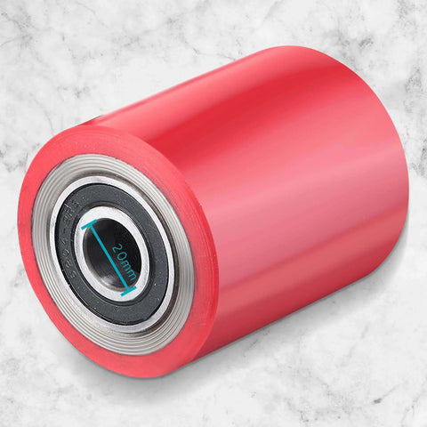 Close-up of a red polyurethane pallet jack load wheel with 20mm ID bearing, part of 12 pcs pallet jack load wheels full set in red, 3 x 3.75 inch polyurethane on steel.